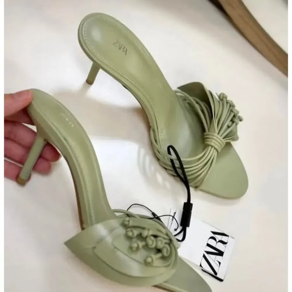 Zara NWT Sage Green Rosette Mule Heels Sandals 8